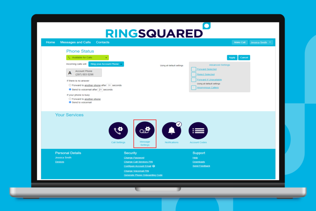 From the RingSquared homepage, click on Message Settings